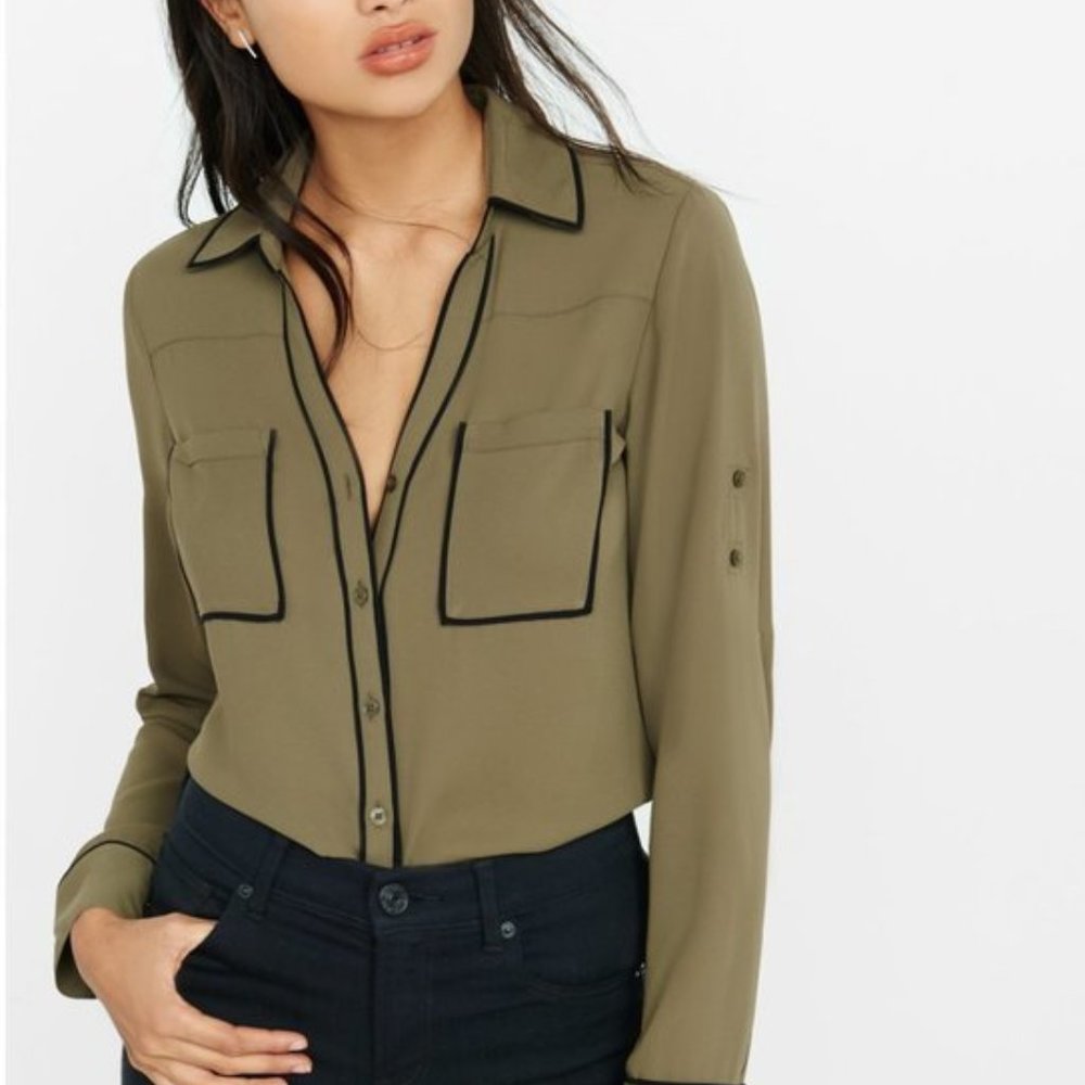 Express Slim Fit Olive Contrast Piping Portofino Shirt
